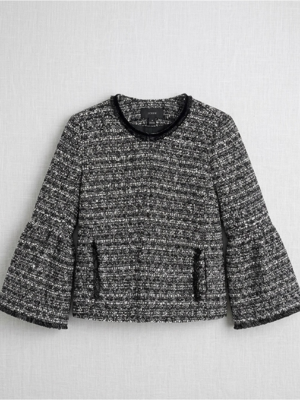 J. Crew Belle Sequin Tweed Lady Jacket Blazer Black White Fringe Bell Sleeve